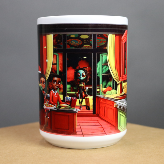 Mug with a colorful design of humans surprised by a drone visitor