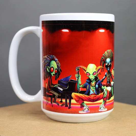 Mug with alien characters playing instruments on a red background