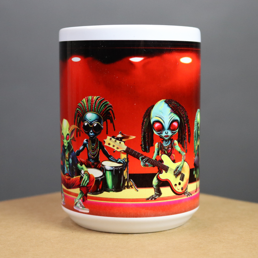 Mug with alien Hip Hop Band  design on a red background