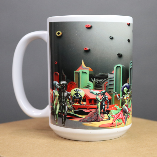 Mug with beautiful aliens dancing under a colorful gray sky