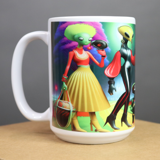 Mug with colorful alien design on a multi colored background
