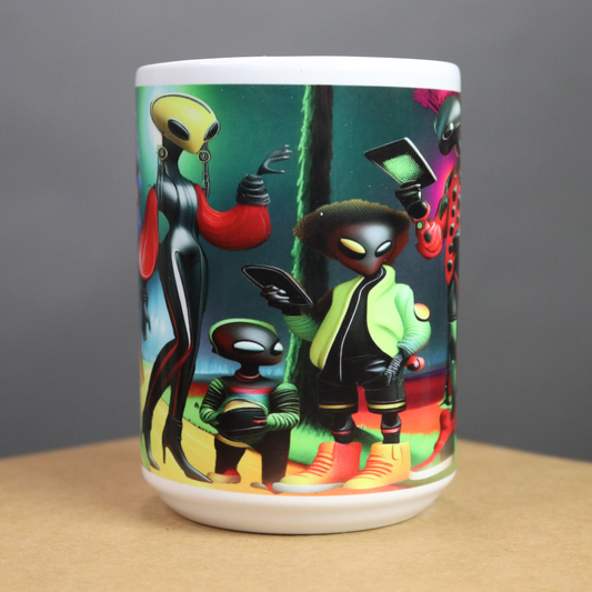 Colorful mug with alien technology