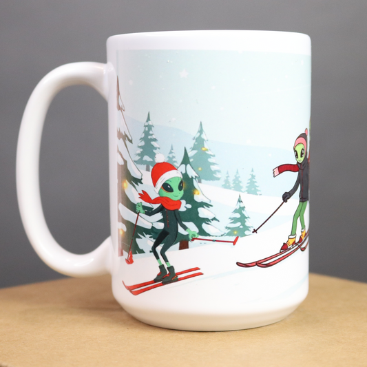 Aliens skiing in a snowy landscape.