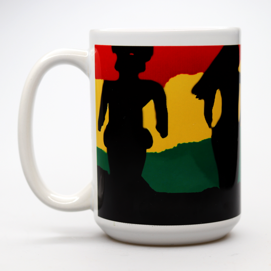 CC15 351 African American women in black silhouette walking through red, black, green and yellow clouds.