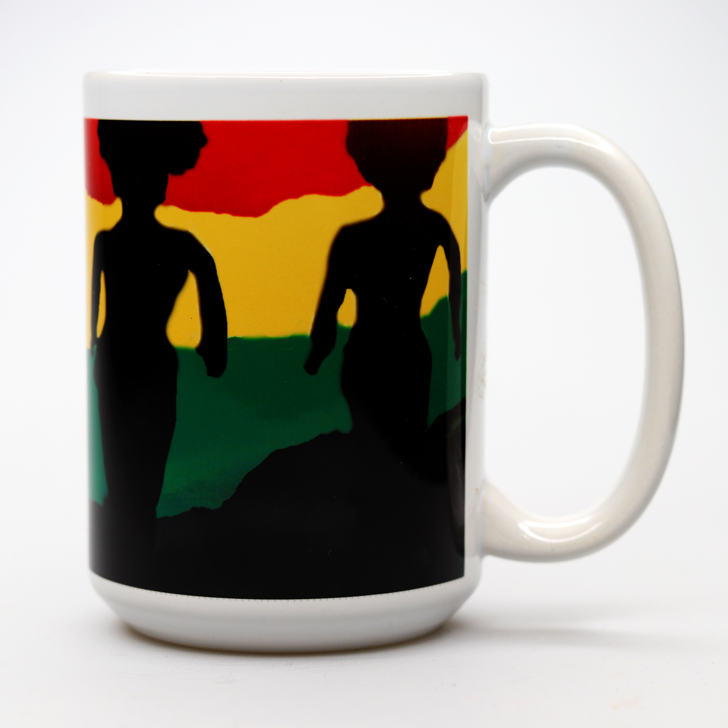CC15 351 African American women in black silhouette walking through red, black, green and yellow clouds.